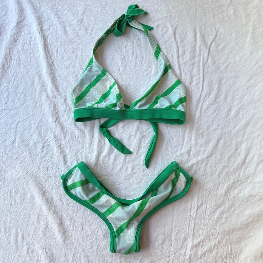Patagonia Green Striped Halter Bikini Set Top XL Bottom S